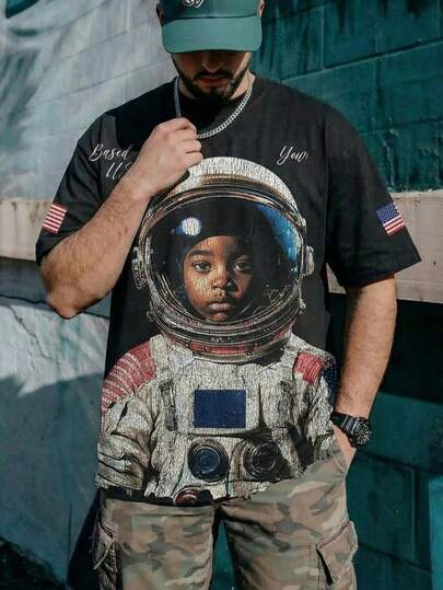 男士圆领短袖T恤，宇航员图案，街头嘻哈风格太空主题休闲上衣