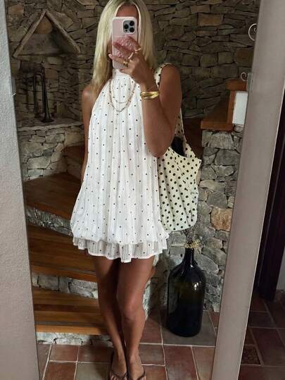 Summer Women's Elegant White Polka Dot Halter Neck Sleeveless Short Dress - Tiered Ruffle Hem Chiffon Swing Dress Casual Vacation Going Out Everyday Wear, Valentine's Day Outfit, Romantic Date Outfit, Party Dress, Music Festival Outfit, Holiday Outfit, Beach Outfit, Wedding Guest Outfit, Spring Summer Outfit For Women