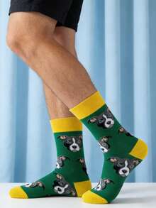 1 Pair Men's Green And Yellow Contrast Dog Head Print Mid-Calf Socks, And Casual For All Seasons - Multicolor - View 5