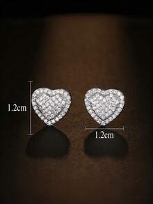 1 Pair Fashionable Minimalist Design New Luxury Fully Paved Crystal Heart Stud Earrings, Suitable For Daily, Vacation, Party, Wedding, Valentine's Day Gift - White - View 2
