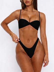Women's Strapless Bikini Sets Tube Top Bandeau Swimsuit Mid Rise Two Piece Bathing Suits - Black - View 1