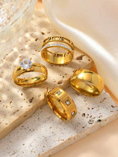 4pcs Elegant Stainless Steel Matte Rhinestone Hollow Roman Numeral Rings, Suitable For Daily, Dating, Engagement, Wedding Gift Accessories