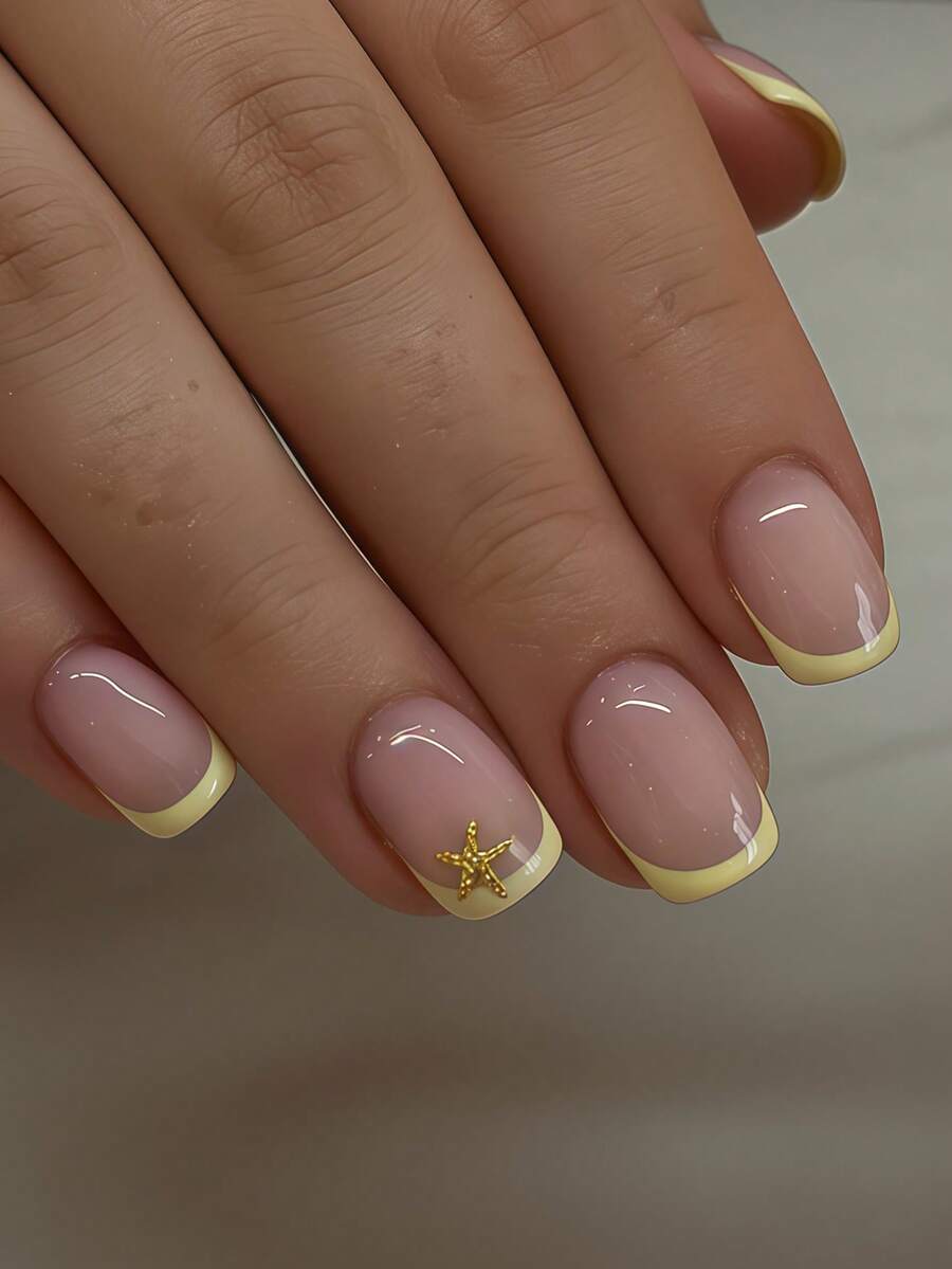 24pcs Short Square False Nails Set, Minimalist Fashionable Metallic Starfish Pattern Yellow French Manicure, Elegant Daily Cream Yellow Striped Starry Pattern, Full Cover Fake Nails Set, Comes With 1 Adhesive Sticker And 1 Mini File, Random Delivery - Yellow - View 1