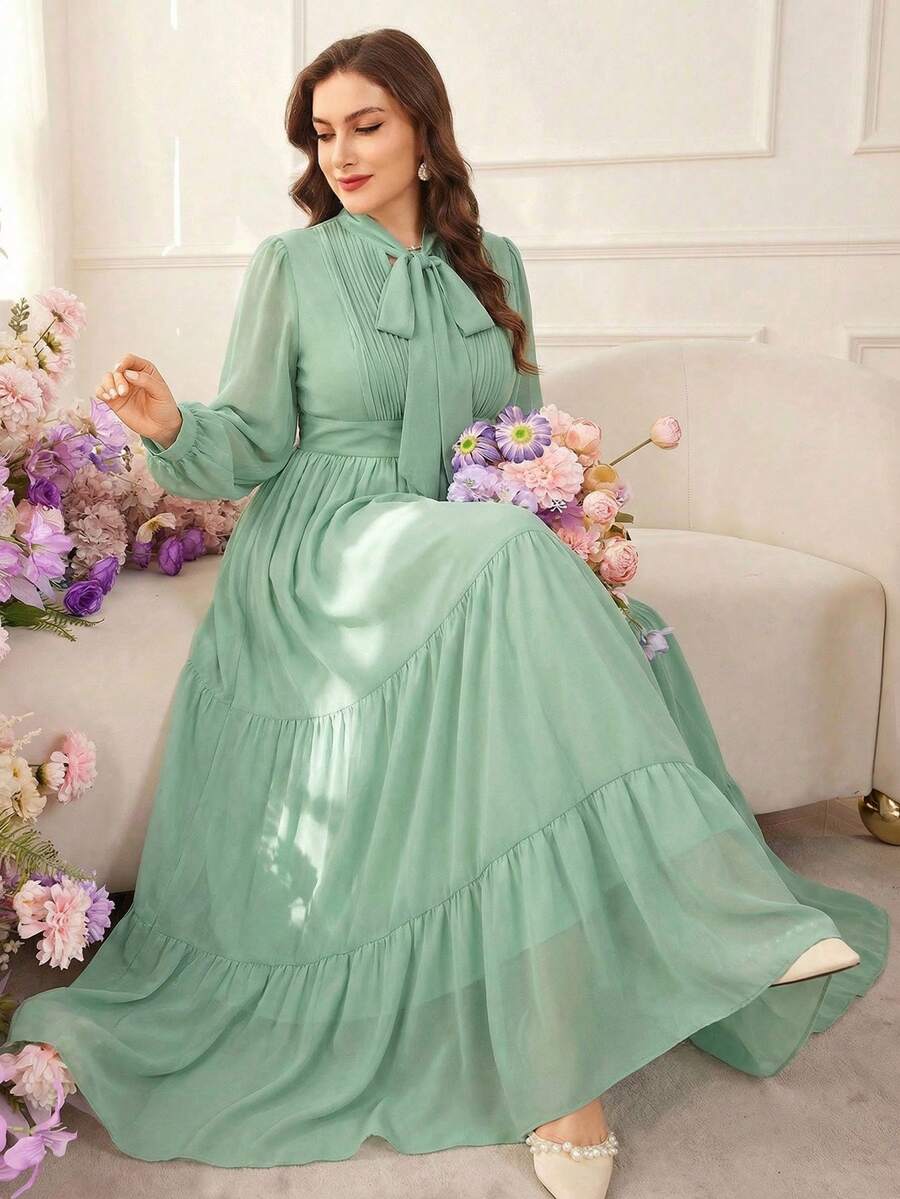 Elegant Plus Size Light Green Women's Long Dress, Long Sleeve Tie Collar Ruffle Hem A-Line Formal Dress Spring - Mint Green - View 1