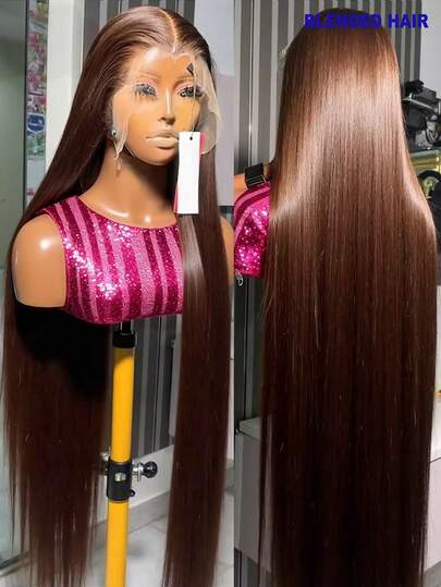 Chocolate Brown 34 Inch 200% Density 13x4 Lace Front Wig Glueless Straight Wigs Natural Look 13x4 HD Transparent Lace Frontal Wigs And 5*5 Lace Closure Wig For Women Pre Plucked With Baby Hair Natural Hairline Cosplay Wigs Suitable For Halloween Or Parties