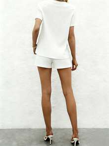 Conjunto de 3 piezas de top de manga corta de cuello redondo y pantalones rectos de pierna ancha con bolsillo y cintura elástica, de tela de poliéster ligera y no transparente, para primavera/verano/otoño - Blanco - Ver 4