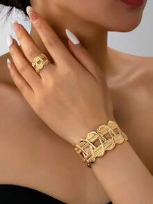 一套几何开口手镯套装（女士） - 金黃色 - 查看 2