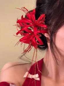 1pc Retro Palace Style Cosmos Flower Long Tassel Faux Hair Clip, Suitable For Women's Daily, Date, Party Wear, Ideal Gift For Loved Ones - Red - View 2