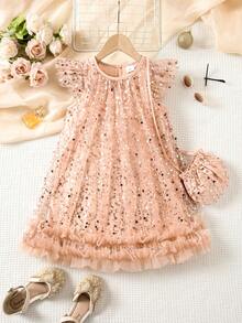 Girls' High-End Sequin Embroidered Mesh Dress, Fashion Princess Dress With Sweet Cute Style, Comes With Bag - Coral Pink - View 2