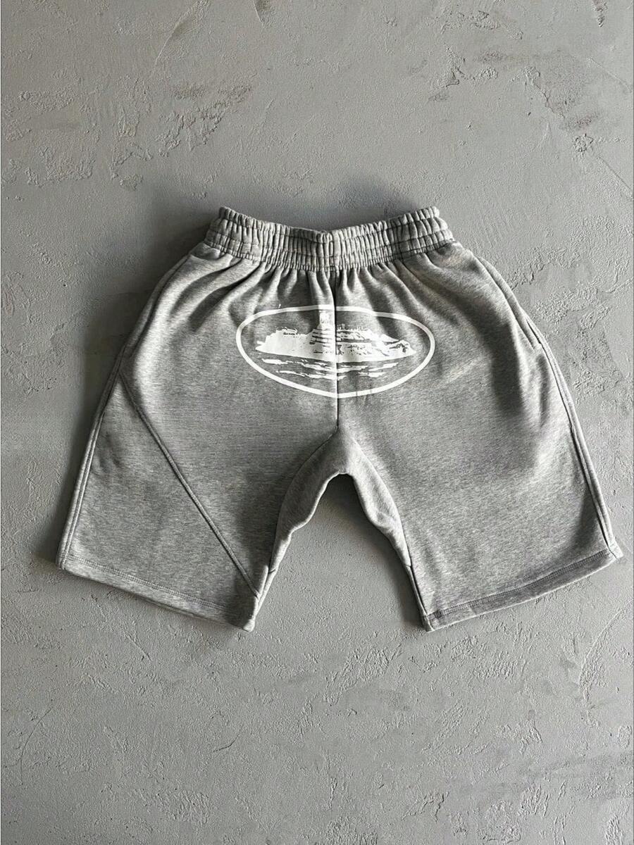 Men's Alcatraz Island Ship Print Sweat Shorts Hip Hop Skateboard Casual Track Shorts - 淺灰色 - 查看 1