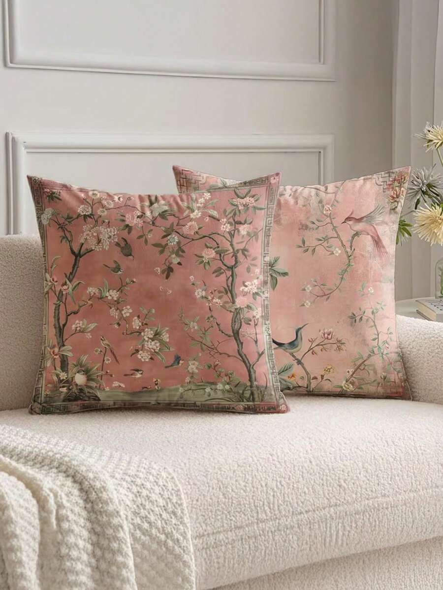1/2/4 piezas Funda de almohada de estilo chino vintage con diseño de pájaros y flores, de fibra de poliéster suave, tamaño 17.7X17.7 pulgadas (45X 45cm), con cierre de cremallera, lavable a máquina, impresa, adecuada para la decoración del hogar en la sala de estar y el dormitorio - Rosa - Ver 1