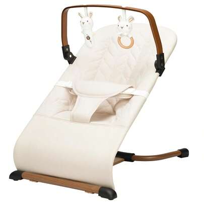 Portable Baby Bouncer Seat W/ Wooden Bar For Babies 0-12 Months, 3 Modes Of Use With Rocker And Stationary Options, Infant Rocker Chair, Baby Swing, Comfort Rocking Chair For Newborn And Toddlers As A New Mother Gift, Babies Gifts, Birthday Gifts,Christmas Gifts, Beige