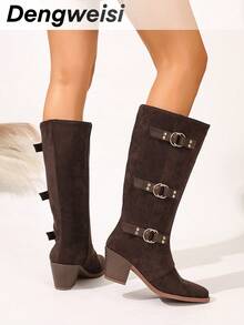 Deep Coffee Slip-On Slip-On High-Top Boots, Chunky Heel Square Toe, Fashion Women's Boots, Versatile Elegant Office & Casual Wear, Western Style Booties - Coffee Brown - View 3