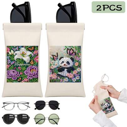 2pcs 5D DIY Diamond Painting Eyeglass Cases, Panda, Butterfly, Lily, Peony Themed Creative Design, Automatic Magnetic Closure PU Leather Portable Eyeglass Pouch, Includes Protective Cloth, Suitable For Fashion Glasses & Glasses, Fashionable Art Gift For Family And Friends, Ideal For Holidays And Birthdays