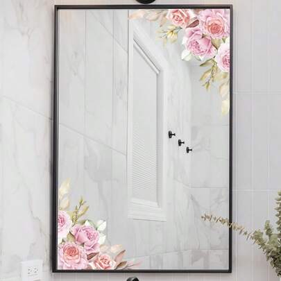 1pc Romantic High-End Luxury Pink Rose Glass Sticker, Bathroom Mirror Decor, Adds Soft Ambiance To Bathroom