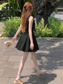 法式贵族蝴蝶结无袖玫瑰印花修身收腰公主裙，夏季优雅 - 黑色 - 查看 4