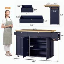 ONBRILL Blue 60" Kitchen Island With Drop Leaf, Rolling Kitchen On Wheels With Trash Storage Cabinet, Home Bar Islands Table With Spice Rack, Expandable Kitchen Island Cart With Towel Rack,  Mobile Island Table For Kitchen - Xanh đậm - Xem 6