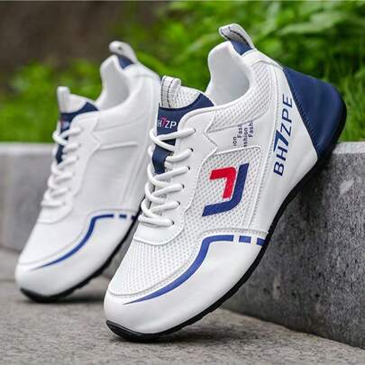 1 Paar modische weiße Sneaker mit roten und blauen Akzenten, atmungsaktive Stoffinnenseite, strapazierfähige PVC-Laufsohle - geeignet für Lässig- und Sportbekleidung im Frühling/Sommer