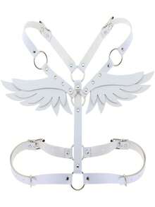 女士性感PU皮革翅膀束缚内衣套装，含吊袜带，哥特式睡衣 - 白色 - 查看 1