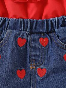 Baby Girl Fashion Denim Outfits Off-Shoulder Ruffled Tank Top + Heart-Embroidered Denim Shorts Jeans Set - 紅色 - 查看 7