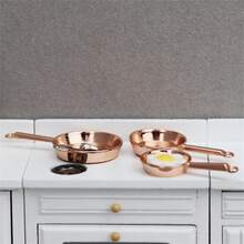3pcs 1:12 Scale Miniature Frying Pans, Dollhouse Furniture Accessories, Tiny Kitchen Utensils, Alloy Cookware Set, Miniature Scene Photography Props, Decoration For Doll House Kitchen - one-size - View 9