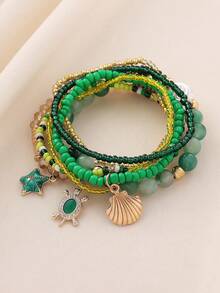 7pcs Bohemian Elegant Luxury Fashion Versatile Handmade Beaded, Crystal, Turtle, Starfish, Shell Pendant Elastic Bracelet Set, Suitable For Women Beach, Vacation, Party, Perfect Gift, Everyday Wear - Multicolor - View 1
