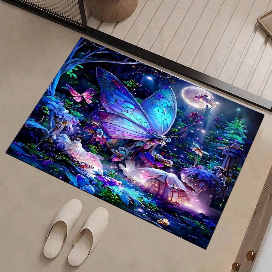 1 件梦幻丛林蝴蝶图案浴室入口硅胶可水洗地毯，现代简约设计 - 夢幻叢林蝴蝶 - 查看 1