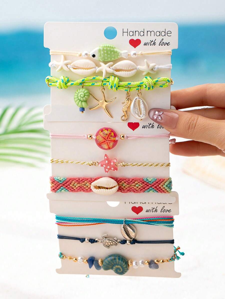 3 Pcs Ocean Theme Handmade Woven Rope Bracelets Set With Starfish Charms, Bohemian Boho Handbraided Cowrie Shell Bracelet, Summer Vacation Jewelry For Women - Multicolor - View 1