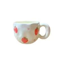 1pc Ins Style Hand-Painted Cherry & Strawberry Ceramic Cup, Asymmetrical Embossed Body, Breakfast Coffee Mug, Girly Desktop Water Cup, Party Afternoon Tea Cup, Red Tea Cup, Large Capacity Water Mug, Coffee Cup - Multicolor - View 12