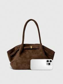 Dedoo 1pc Faux Suede Tote Bag, Large Capacity Solid Color Mature Elegant Ladies Handbag, Retro Style Work Bag, Suitable For Girls, Women, College Students, Office Workers - 棕色 - 查看 9