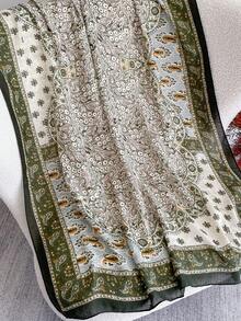 1 chiếc khăn choàng nữ thời trang cổ điển in họa tiết hoa văn Paisley, chất liệu vải lanh mềm mại, kiểu dáng Bohemian mùa thu/đông, thích hợp sử dụng hàng ngày. - Màu xanh lá cây đậm - Xem 3