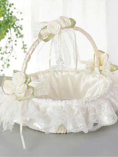 1pc Shiny Vintage Non-Woven Fabric Flower Basket, Flower Girl Basket For Weddings, Lace Trim Handheld Basket With Bow, Beige Small Flower Basket, Western Wedding Decor, Lace Fabric Wedding Flower Basket, Flower Girl Basket, Bridesmaid Handheld Basket, All Seasons