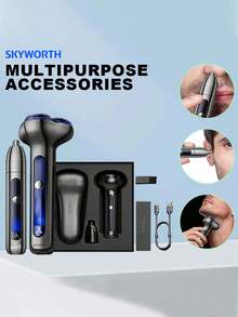 SKYWORTH Men's Electric Shaver With Nose Hair Trimmer, 600mAh Rechargeable Waterproof Rotary Shaver With Nose Hair Trimmer Head, Gift Set - Multicolor - View 8