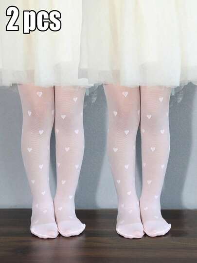 2pcs Baby/Toddler Girls' Heart Pattern Tights, Breathable High Elasticity Thin Pantyhose, Suitable For All Seasons