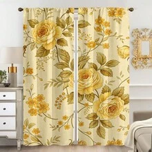 2PCS Yellow Rose Vintage Floral 100% Polyester Curtains, 90gsm Rod Pocket Style, Width 180cm, Ideal For Bedroom Living Room - Multicolor - View 1