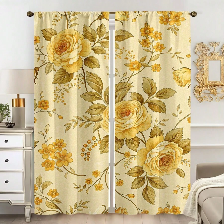 2PCS Yellow Rose Vintage Floral 100% Polyester Curtains, 90gsm Rod Pocket Style, Width 180cm, Ideal For Bedroom Living Room - Multicolor - View 1