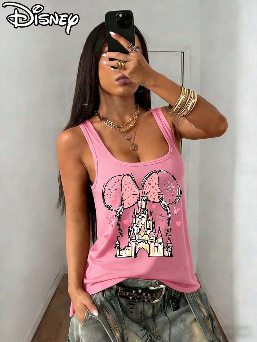 This Disney-Licensed Women's Summer Sexy Cotton Vest Features A Minnie Mouse Polka-Dot Bow As The Frame, With A Pink Disney Castle Inside, Adorned With Hearts, Mickey Mouse Balloons, And Firework Patterns-Exquisite And Dreamy, Creating A Lively Party Atmosphere. Perfect For Taking Photos At Disneyland, As A Travel Souvenir, Or For Everyday Casual Wear. It Also Makes An Ideal Valentine's Day Gift For Friends And Family. This New Spring Style Vest Is Comfortable Against The Skin And Suitable For Outdoor Wear. - Pink - View 1