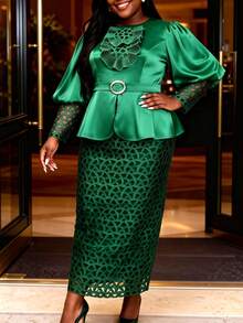 Plus Size Women Chic Green African Satin Patchwork Bodycon Peplum Dress Irregular Ruffled Sequin Lace Puff Sleeves Formal Events Dresses Party - 綠色 - 查看 5