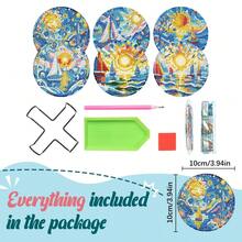 6件套DIY钻石画杯垫套装，带支架 - 海洋主题，圆形和不对称形状钻石，木制工艺套装，适合成人和初学者 - 查看 7