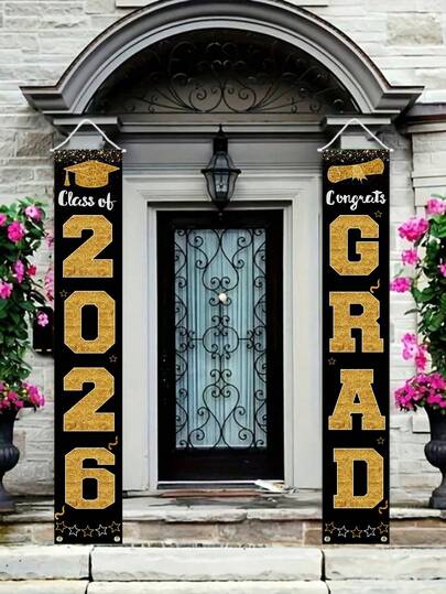 2pcs/Set 2026 Graduation Decoration Door Curtain Couplet, Graduation Congratulation Banner, Graduation Photography Props, Graduation Party Supplies, Graduation Backdrop, 2026 Graduation Party Decorations (Suitable For School Or Grade), Graduation Party Decorations (Door Decor, Home Decor, Room Decor), Graduation Decorations, Graduation Gifts