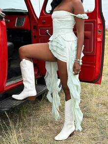 Women Mid Calf Western Boots Festival Embroidered Pointed Toe Chunky Block Heel Pull On Cowboy Boots Cowgirl Retro Hot Riding Shoes - White - View 5