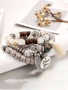 4pcs New Bohemian Bracelets, Creative Multilayer Beaded Tassel Bracelets, Fashion Jewelry For Women - Grey - View 2