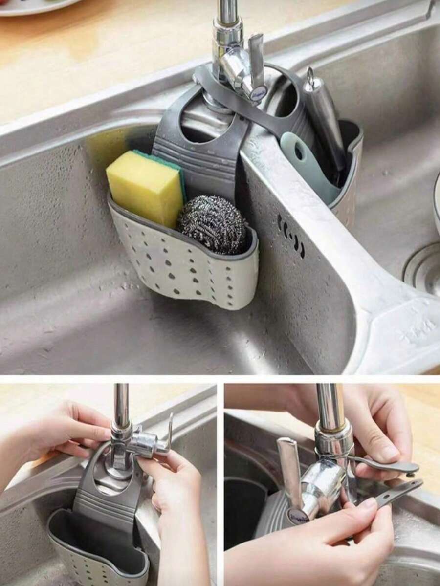Adjustable Sink Sponge Holder (Note: Not Suitable For Certain Cases), Suction Cup Sink Sponge Rack, Faucet Hanging Basket, Suitable For Small Kitchen Utensils, Tableware, Vegetables, Fruits, Hanging Design - Multicolor - View 1