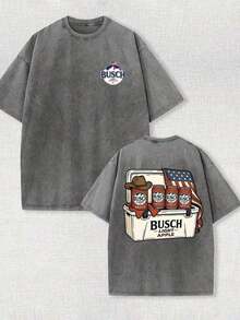 2026 New Men's 100% Cotton Oversized T-Shirt, Vintage Acid Washed Finish, "Busch Light Apple" Cooler & Cowboy Hat Graphic Print, Americana Streetwear For Summer BBQ & Casual Outings, Patriotic Beer Lover Statement Tee - Màu xám đen - Xem 1