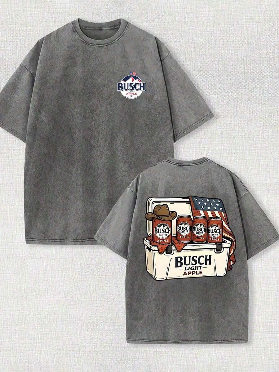 2026 New Men's 100% Cotton Oversized T-Shirt, Vintage Acid Washed Finish, "Busch Light Apple" Cooler & Cowboy Hat Graphic Print, Americana Streetwear For Summer BBQ & Casual Outings, Patriotic Beer Lover Statement Tee - Màu xám đen - Xem 1