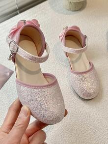 女童闪亮低跟凉鞋，蝴蝶结珍珠踝带闪亮派对鞋 - 粉色 - 查看 5