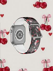 1条黑色底粉色樱桃爱心图案柔软弹性透气舒适替换表带，兼容三星、荣耀智能手表，尺寸可选38mm、40mm、41mm、42mm、46mm、45mm、44mm、49mm，节日礼物日常时尚休闲多色硅胶表带，兼容苹果手表Ultra SE/11/10/9/8/7/6/5/4/3/2/1，可爱樱花图案 - 彩色 - 查看 2