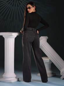 Women's Premium High-Waisted Black Cargo Jeans With Glitter - 黑色 - 查看 6