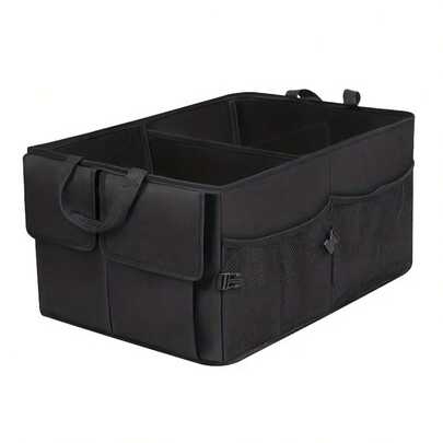 1pc Foldable Car Trunk Organizer With Adjustable Black Buckle, Nylon Compartment Suitable For Backseat, Car Accessories, Organizer Box, Car Trunk Storage, Portable, Versatile Car Storage Solution With Quick Fold Design, Keeps Essentials Neatly Arranged And Accessible, Fits Most Trunk Spaces, Lightweight For Easy Carry, Ideal For Travel, Daily Commutes, And Family Outings