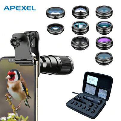  Bộ ống kính chụp ảnh chuyên nghiệp APEXEL dành cho điện thoại thông minh, phụ kiện ống kính 11 trong 1, gồm ống kính mắt cá + ống kính macro + ống kính góc rộng + ống kính tele + kính lọc CPL, giá đỡ điện thoại đa năng tương thích với hầu hết các dòng điện thoại thông minh.
